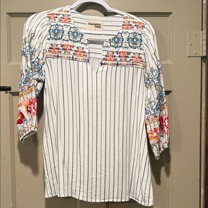 Savanna Jane White Striped Blouse with Multicolor Embroidery